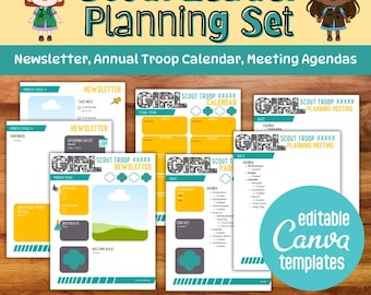 Conjunto de Planejamento para Líderes Escoteiros | Modelos Editáveis do Canva para Planejamento Anual da Tropa | Boletim Informativo da Tropa | Calendário Anual da Tropa | Pautas de Reuniões