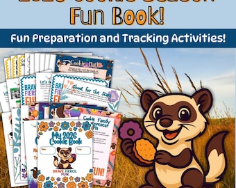 以下が含まれることがあります： 「2026 Cookie Season Fun Book!」と「Fun Preparation and Tracking Activities!」のテキストが入ったカラフルな画像。クッキーを持った漫画のフェレットが特徴で、花柄やクッキーのデザインが施されたアクティビティページに囲まれています。「Suitable for ALL Scouts!」のテキストが下にあります。