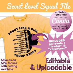 Scout Level Squad FILE | Editable Template | SVG for Cutting Machines | png | pdf | jpg | Scout File | Troop Shirt
