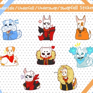 May include: Set of nine Undertale character stickers featuring different expressions and poses. The characters are depicted as dogs with various colors and designs, including red, blue, orange, and white. The stickers are perfect for adding a touch of fandom to laptops, water bottles, or other surfaces.