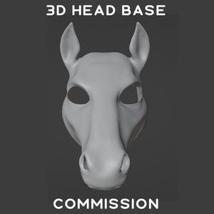 May include: A 3D printed gray horse head base for a custom fursuit. The text "3D HEAD BASE COMMISSION" is below the image.