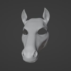 May include: A white, 3D printed horse mask with a simple design. The mask has large ears, a long snout, and eye holes.