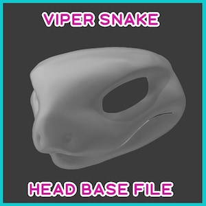 Puede incluir: Un modelo digital 3D gris de una base de cabeza de serpiente víbora. El texto VIPER SNAKE aparece en blanco con un borde rosa en la parte superior, y el texto HEAD BASE FILE aparece en el mismo estilo en la parte inferior sobre un fondo gris oscuro.