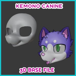 Könnte beinhalten: Eine 3D-Basisdatei für einen Hundekopf-Kemono. Die Basis ist hellgrau und das Beispiel ist ein lila-weißer, pelziger Kopf mit grünen Augen.