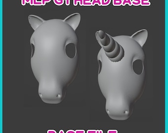 Könnte beinhalten: Eine 3D-gedruckte Basis für einen My Little Pony Generation 1 Kopf. Die Basis ist grau und hat oben ein Horn. Der Text "MLP G1 HEAD BASE" befindet sich oben im Bild und "BASE FILE" unten.