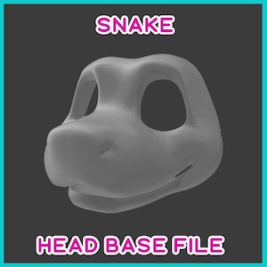 Könnte beinhalten: Ein graues 3D-Digitalmodell einer Schlangenkopf-Basis mit großen Augenhöhlen und einer Schnauze. Der Text SNAKE steht über dem Modell, und der Text HEAD BASE FILE steht unter dem Modell in Weiß mit einem rosa Umriss.