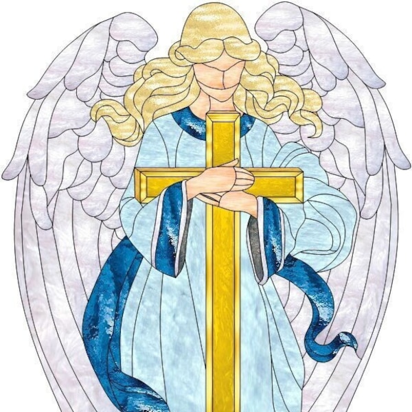 Angel With Large Cross Stained Glass Pattern