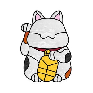 Puede incluir: Una figura de gato de la suerte blanco, gris, negro y naranja con una moneda de oro en su pata. El gato está sentado con su pata derecha levantada.