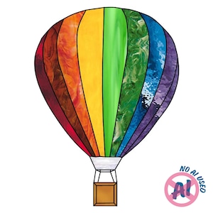 May include: A hot air balloon illustration featuring vertical panels in a spectrum of colors including red, orange, yellow, green, blue, and purple with textured patterns. A brown square basket hangs below. A circular logo reads NO AI USED.