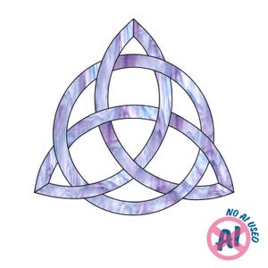 May include: A triquetra symbol crafted from light purple and white marbled glass with a smooth finish. The design features three interconnected loops forming a continuous triangular shape. A small circular stamp in the corner reads NO AI USED.