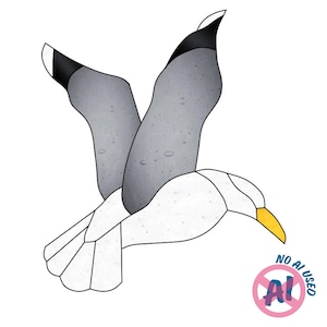 May include: A stained glass pattern of a seagull in flight with white body feathers, grey wings featuring black tips, and a yellow beak. The design includes a circular stamp in the bottom right corner with the text NO AI USED.