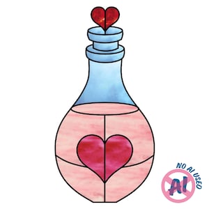 Può includere: Un'illustrazione in stile vetrata di una bottiglia con collo azzurro e corpo rosa. Un grande cuore rosa scuro è centrato sulla bottiglia, con un cuore rosso più piccolo sul tappo. Un badge circolare riporta la scritta NO AI USED.