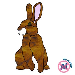 Könnte beinhalten: Ein Buntglas-Sonnenfänger in Form eines sitzenden Hasen. Der Hase besteht aus strukturiertem braunem Glas für den Körper, einer Schnauze aus weißem Glas und hellrosa Glas für das Innenohr. Das Stück ist mit dunklen Metall-Lötlinien umrandet.