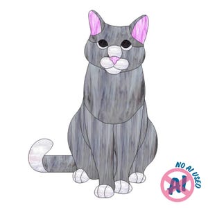 May include: A stained glass cat figure in shades of grey with a white muzzle, chest, and paws. The cat has pink-tinted ears, dark eyes, and a pink nose. A circular emblem in the bottom right corner features the text NO AI USED.