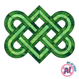 May include: A green stained glass panel featuring an intricate, symmetrical Celtic knot design with interwoven bands. The glass displays varied shades of emerald and lime green with a marbled texture, outlined by dark metal solder lines.