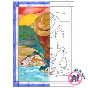 Op de afbeelding: Een glas-in-lood patroonontwerp met een persoon met een hoed die een vis vasthoudt bij een rivier tijdens zonsondergang. De linkerkant toont het afgewerkte gekleurde glaspaneel met gele, oranje, groene en blauwe tinten, de rechterkant de zwarte lijntekening.
