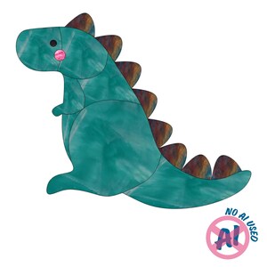 Könnte beinhalten: Eine türkisfarbene Dinosaurierfigur, die aus mehreren Segmenten mit glatter Oberfläche besteht. Die Kreatur hat ein kleines schwarzes Auge, eine rosa kreisförmige Wange und eine Reihe dunkler, gesprenkelter brauner und orangefarbener Platten auf dem Rücken. Ein kreisförmiges Logo unten rechts enthält den Text NO AI USED.