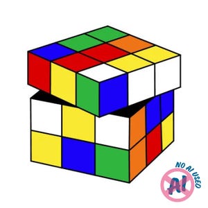 Puede incluir: Un cubo de rompecabezas 3D con dos secciones giradas en ángulo. El cubo presenta una cuadrícula de cuadrados de colores en rojo, azul, verde, amarillo, naranja y blanco. Un sello circular en la esquina inferior derecha muestra el texto NO AI USED.