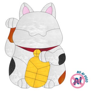 May include: A stained glass pattern of a beckoning cat, or maneki-neko, featuring a white body with black and orange patches, pink inner ears, a red collar with a gold bell, and a large gold oval coin held in the centre, with clear black outlines.
