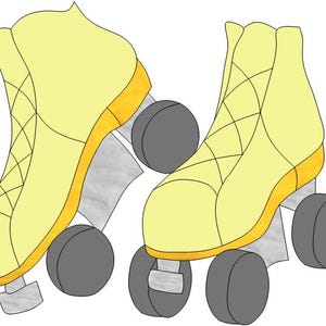 Puede incluir: Un par de patines amarillos con ruedas grises. Los patines tienen un diseño clásico con una bota con cordones y un ribete naranja en contraste. Las ruedas son de color gris oscuro y el estilo general es retro.