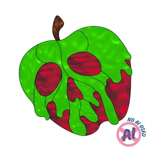 Può includere: Un'illustrazione in stile vetrata raffigurante una mela rossa parzialmente coperta da un liquido verde brillante che cola. La mela presenta un picciolo marrone in alto e due forme circolari rosso scuro che ricordano degli occhi. Logo NO AI USED.