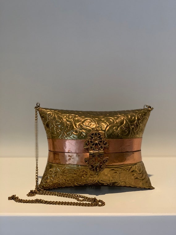 1970s Brass and Copper Pillow Purse , Boho Bohemia