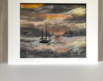 Needle felt picture of sailing boat at dawn