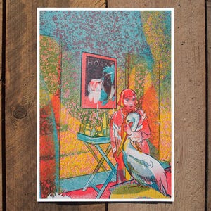 Fille et pélican, impression risographie A6, illustration de verrouillage, art de rêve