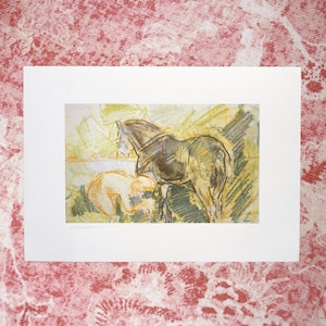 May include: A black and white drawing of a horse and a person. The horse is standing and the person is kneeling. The drawing is done in a loose, gestural style.