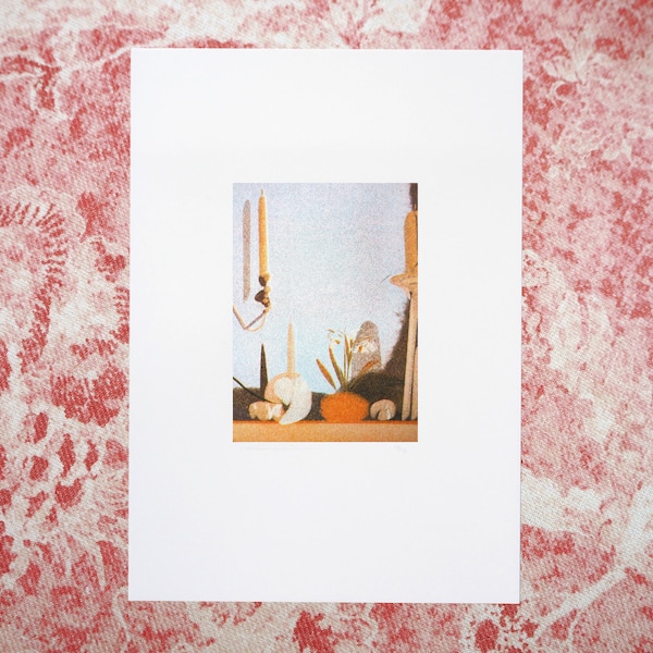 Snowdrops On The Mantel, A6 Risograph Print (framed on A4), Still Life