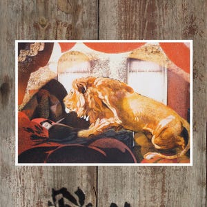 Una visita en oro, impresión risográfica A5, ilustración de león