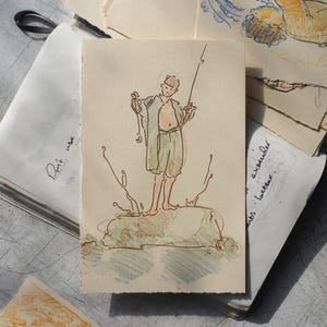 Der Fischer, Steindruck, Figurative Zeichnung
