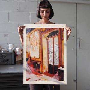 May include: A rectangular art print featuring a vibrant interior scene with warm orange and yellow tones. The composition depicts a doorway leading to a room where a large white polar bear is visible. The artwork uses bold, saturated colors and shadows.
