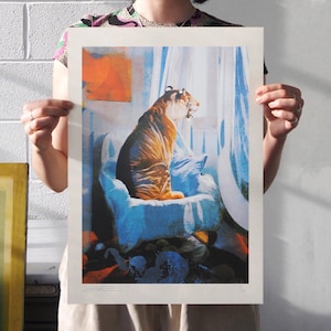 Das blaue Zimmer, A3-Siebdruck, Tigerillustration