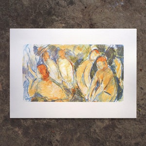 May include: A vintage print of a painting depicting a group of people in a forest setting. The figures are nude and are painted in a stylized, impressionistic style. The colors are muted and earthy, with shades of blue, green, yellow, and orange.