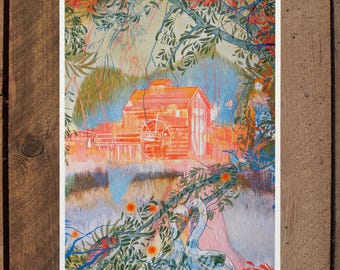 Swans by The Watermill, A4 Risograph Print, Nature Illustration