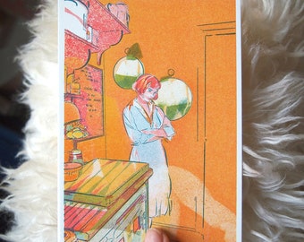 Girl in The Kitchen, A6 Risograph Print, The Queens Gambit, Portrait Art