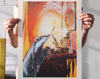 Grävling i säven, A3 screentryck, djurillustration