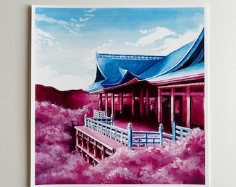 May include: A watercolor painting of a Japanese temple with a blue roof and red pillars. The temple is surrounded by pink flowers and a blue sky.