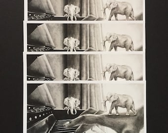 Art Print || "Playful Elephants" || Graphite & Ink