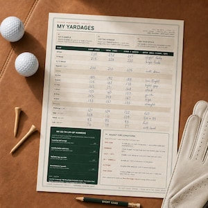 May include: A golf course management toolkit chart titled My Yardages with columns for club, carry, total, and stock distances. The paper includes sections for lay-up numbers and condition adjustments, accompanied by two golf balls, two tees, and a glove.