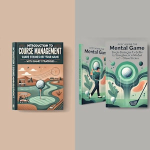 Puede incluir: Dos portadas de libros con ilustraciones de campos de golf y golfistas. El libro de la izquierda se titula "Introducción a la gestión del campo: Afeita golpes de tu juego - Con estrategias inteligentes". El libro de la derecha se titula "Acercándose al juego mental: Estrategias simples para los golfistas para fortalecer su mentalidad y afeitar golpes".