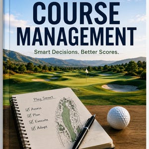 Könnte beinhalten: Ein Buch mit dem Titel Introduction to Course Management: Smart Decisions. Better Scores. A Practical Guide for Amateur Golfers. Das Cover zeigt eine Golfplatzlandschaft, einen Spiralblock mit einer handgezeichneten Golfbahn und einen Golfball.