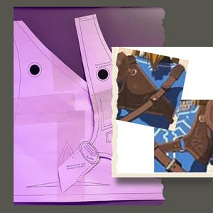 May include: A light purple sewing pattern with text and diagrams for a chest harness. The pattern includes cut-out shapes and instructions. A small image shows a brown leather chest harness with straps and buckles.