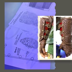 Peut inclure: Un ensemble de modèles en papier imprimés pour fabriquer des protections de poignet, avec des dessins au trait et des instructions textuelles, présentés avec deux vues d'un gantelet d'avant-bras en similicuir marron, boucles dorées et motifs.