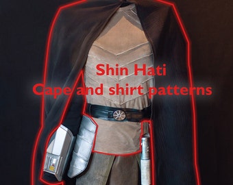May include: A black cape and a brown shirt with a belt and a silver accessory. The text "Shin Hati Cape and shirt patterns" is written on the image.