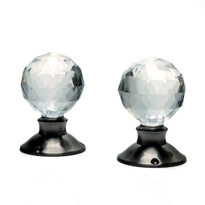 Pair of Clear Faceted Door Handles, Round, Acrylic, Crystal Cut, Turning Door Handle Mechanism, Clear Mortice Door Knob, Brushed Chrome Base