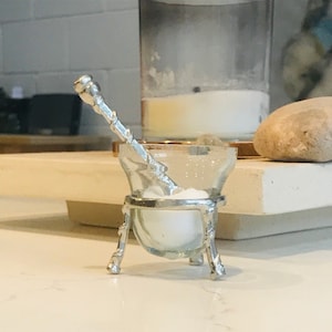 May include: A silver salt cellar with a glass bowl and a matching spoon. The cellar has three legs and is filled with white salt.