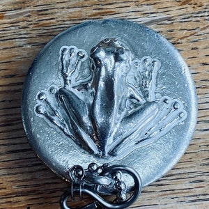 Può includere: Un ciondolo in metallo argentato con un design di rana dettagliato. La rana è seduta con le gambe distese e ha una superficie testurizzata.