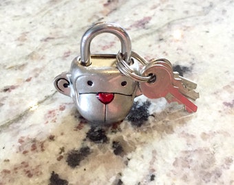 Handmade, Pewter, Monkey, Padlock, Charm, Luggage Lock, School Locker Lock, Gym Locker Lock, Lock with Keys, Novelty, Unique, Pewter Gift